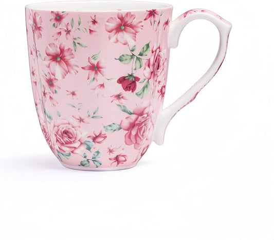 14oz Bone China Coffee Mugs for Women Floral Coffee Mug Tea Cups Novetly Coffee Cups Gift for Women Mom Friends (Pink rose)
