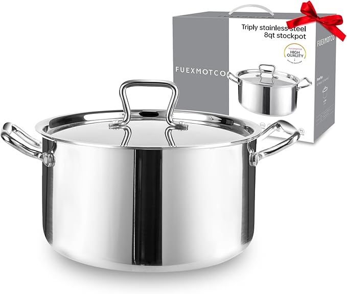 Whole-Clad Tri-Ply Stainless Steel Stockpot with Lid, 8 Quart Large Cooking Pot All Stove Compatible Up to 600?? 18/8 Stainless Steel Kitchen Induction Ready Cookware