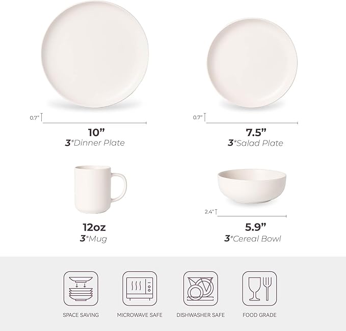 Furrnook 12-Piece Stoneware Dinnerware Set with Mugs | Microwave and Dishwasher Friendly | Stackable Matte Glaze Plates & Bowls | Service for 3 (White for 3)
