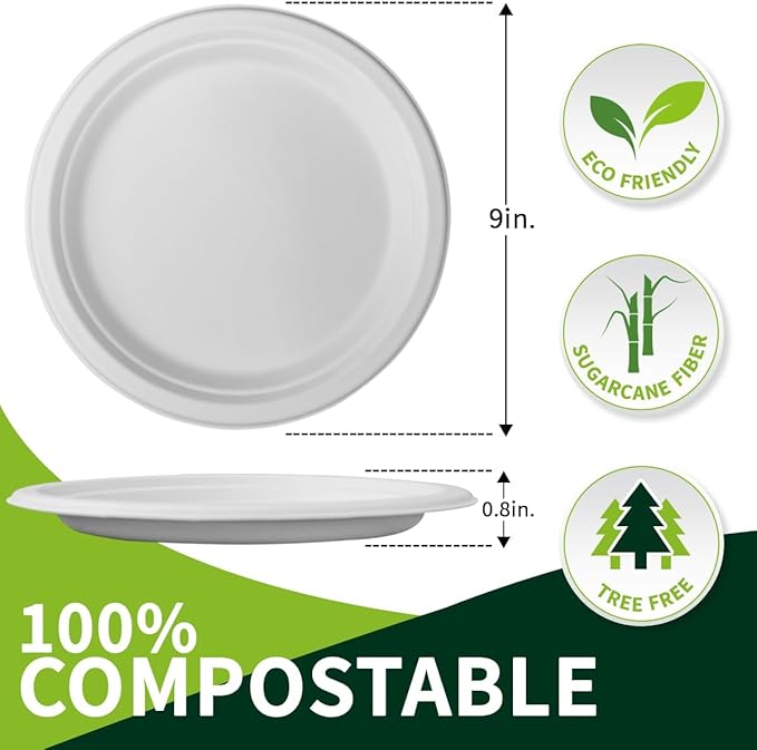 9 Inch Compostable Paper Plates ?륹hite150 Pack??100% Sugarcane Bagasse Medium Disposable Plates, Sturdy Heavy Duty, Biodegradable Dinnerware for Party, BBQ, Picnic, Camping