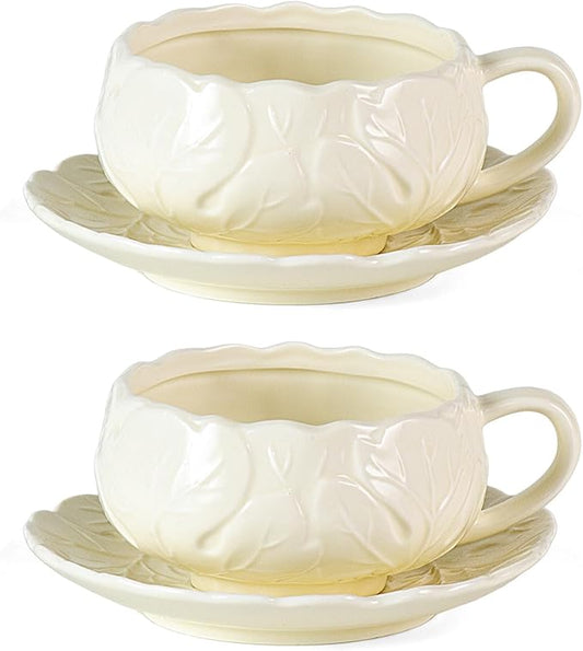 KAMMAK Tea Cups and Saucers Set of 2, Porcelain Coffee Cups, 10-Ounce Stackable Espresso Mugs, Ceramic Demitasse for Coffee, Latte, Americano, Tea, Cubic Rose