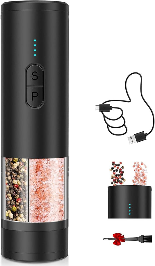 Electric Salt and Pepper Grinder Set 2 in 1, USB Rechargeable, Automatic Salt and Pepper Mill Shakers with LED Light, Battery Display, Adjustable Coarseness, Ideal for Kitchen Outdoor BBQ Gift