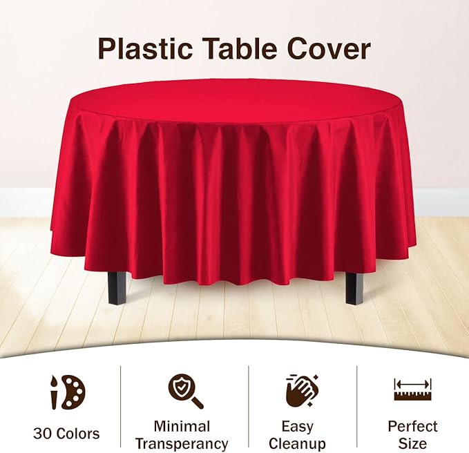 Party Solids Pack Of 6 Premium Plastic Tablecloth 84 Inch Round Plastic Table Cover - Red