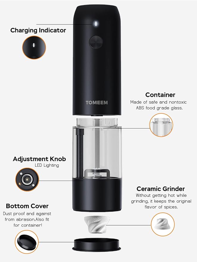 TOMEEM Electric Salt and Pepper Grinder Set with LED Lights ??Rechargeable Automatic Pepper and Salt Mill with 6 Adjustable Coarseness for Kitchen, BBQ & Gifts