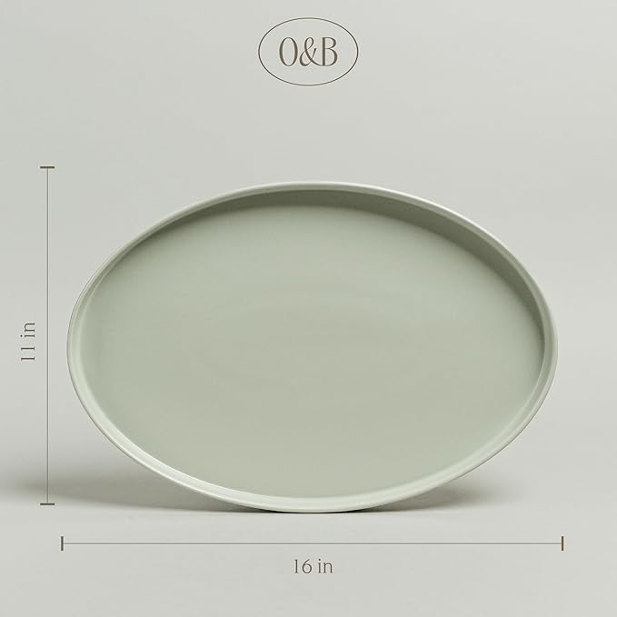 Over&Back Stackable Stoneware Serving Platter - Elegant 1-Piece Oval Serving Platter to Complete Your Kitchen Set - Perfect for Appetizers, Desserts, and More - 16" L x 11" W - Semi-Matte Sage