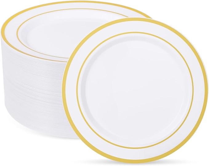Goodluck 100PCS Gold Plastic Plates, 10.25 Inch Dinner Plate with Gold Rim, Heavy Duty Disposable Plastic Plates for Party, Wedding, Birthday & Daily Use