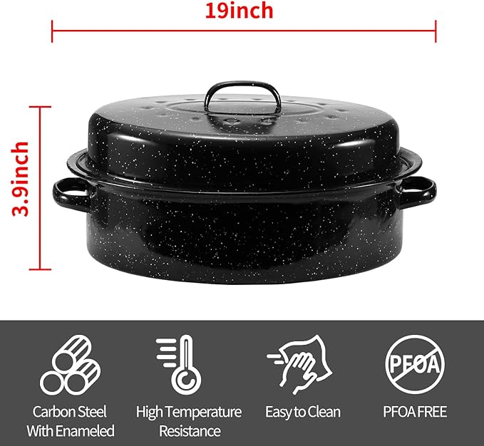 Granite Roaster Pan, 19??Enameled Roasting Pan with Domed Lid. Oval Turkey Roaster Pot, Broiler Pan Great for Turkey, Chicken, Lamb, Vegetable. Dishwasher Safe Cookware Fit for 20Lb Turkey by Kendane
