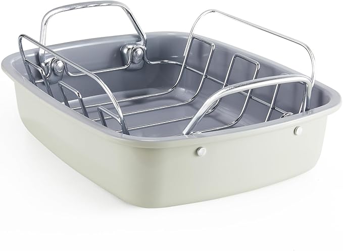 KITESSENSU Large Roasting Pan with Rack - 25 LB Nonstick Turkey Roaster Pan for Oven - Heavy Duty Carbon Steel Roasting Pan with Wider Handles for Chicken, Vegetables & Holiday Meals, Cream