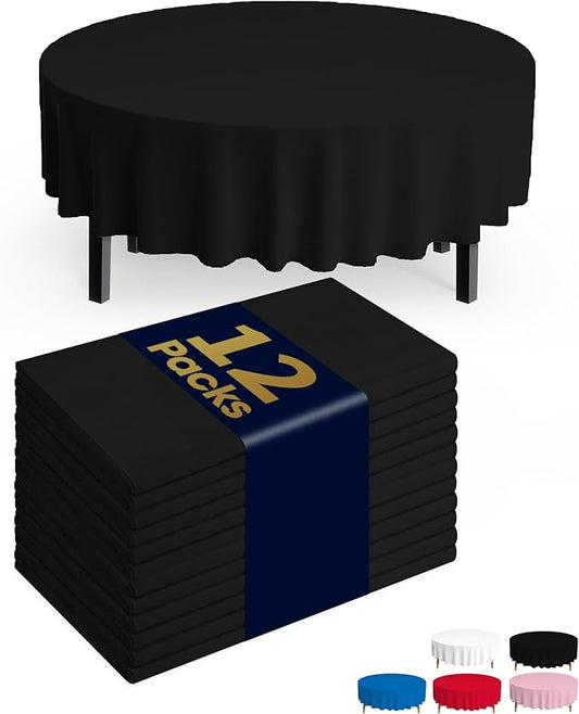 Pureegg Plastic Table Cloth Disposable 12 Pack, 84'' Round Table Cloths, Graduation Decorations Class of 2025, Graduation Party Tablecloths, Round, Plastic Cover, Leakproof & Sturdy, Black