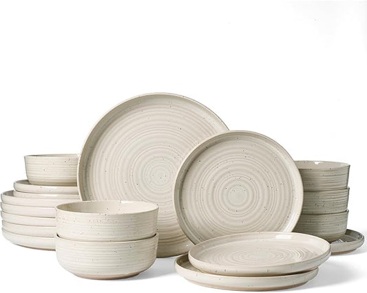 Plates and Bowls Sets for 6, Famiware Premium 18-Piece Stoneware Dinnerware Set - Reactive Glaze with Speckles & Spirals, Chip & Scratch Resistant, Dishwasher Safe, Dish Set with Gift Box, Shell Beige