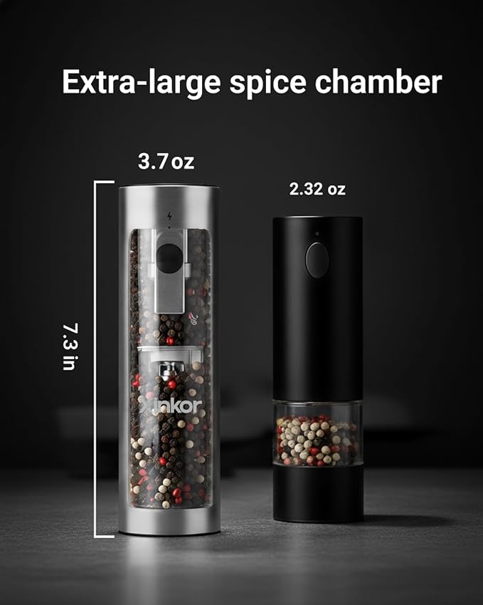 Electric Salt and Pepper Grinder Set with USB-C Rechargeable Base, Large Capacity Stainless Steel Mills with Durable Ceramic Burr, Adjustable Coarseness, LED Light, Refillable, for Kitchen BBQ