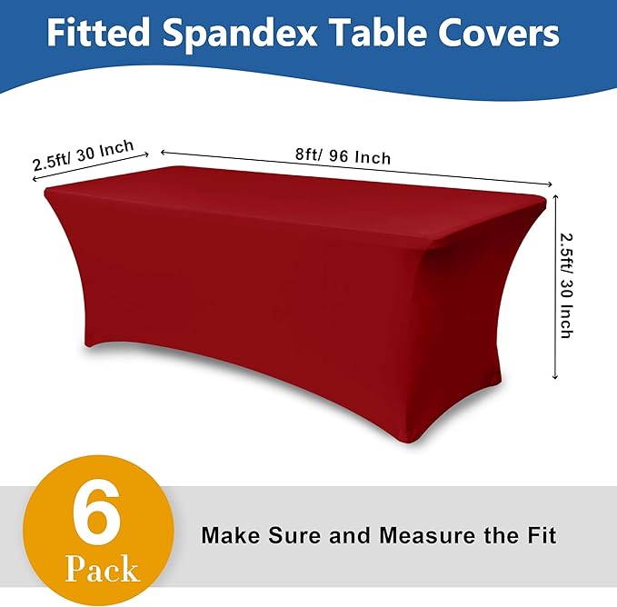 Enjoyidea Spandex Table Cloths for 8 Foot Rectangle Tables-6 Pack Fitted Stretch Red Table Covers-Elastic Christmas Tablecloths for Party, Vendor Booth Display, Banquet Buffet Event, Craft Trade Show