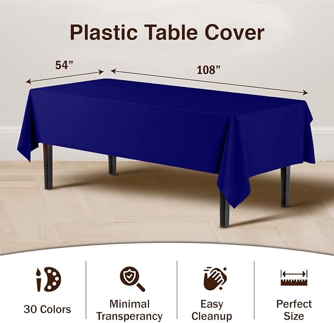 Party Solids 6-Pack Premium Plastic Tablecloth 54in. x 108in. Rectangle Plastic Table Cover - Navy