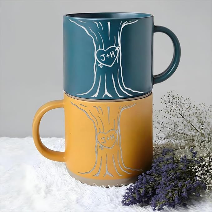 Custom Valentine Engraved Pottery Mug with Couple Name, Personalized Couple Coffee Cups for Boyfriend Girlfriend, Custom Gifts for Him and Her, Girlfriend Boyfriend Romance Gift
