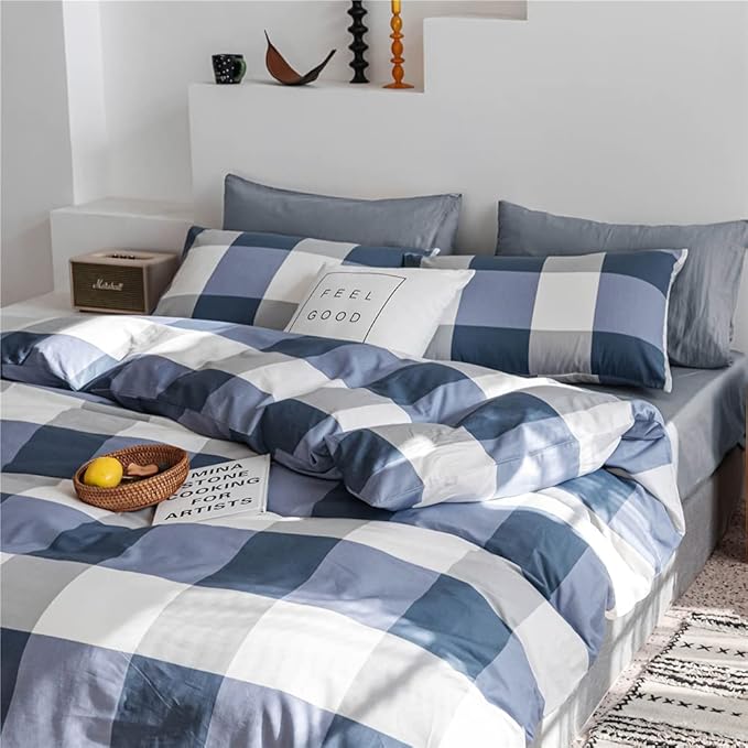 Plaid Comforter Set Full Modern Style Checkered Pattern Comforter for Men Boys Blue White Grey Geometric Comforter with 2 Pillowcases Soft Fluffy 3 Pieces Lightweight Bedding Set Full Comforter Set