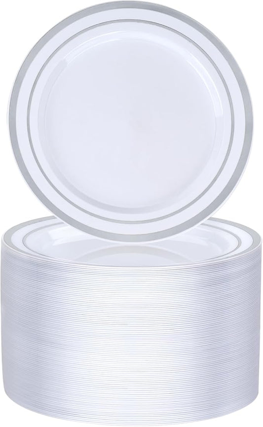 BESTVIP 100PCS 7 Inch Silver Plastic Dessert Plates, Disposable Plate with Silver Rim for Salad/Samll Cakes, Heavy Duty Plates for Party, Wedding and Birthday, Events, Christmas, Thanksgiving