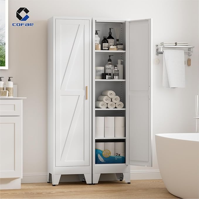 COFaR 67'' Tall Slim Bathroom Storage Cabinet, Metal Narrow Bathroom Cabinet with 4 Adjustable Shelves and One Door, Skinny Cabinet Storage for Kitchen Laundry, White Farmhouse 5 Tiers
