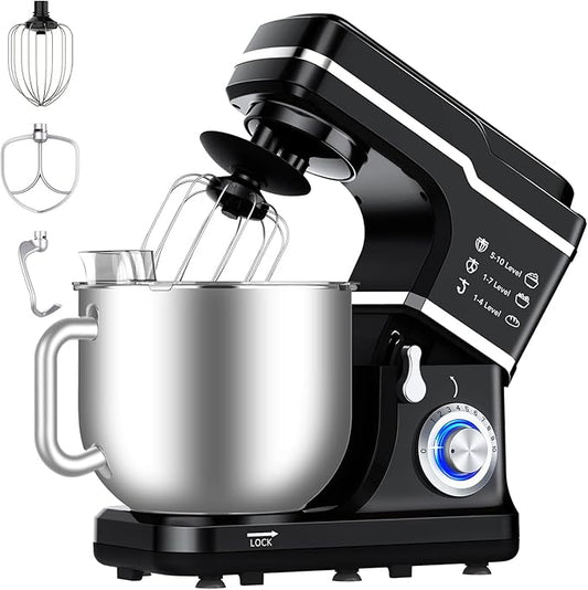 7.5 QT Stand Mixer, 10-Speed Tilt-Head Electric Dough Mixer with Stainless Steel Bowl, Includes Dough Hook, Wire Whisk, and Beater, with Splash Guard for Home Cooks, Black