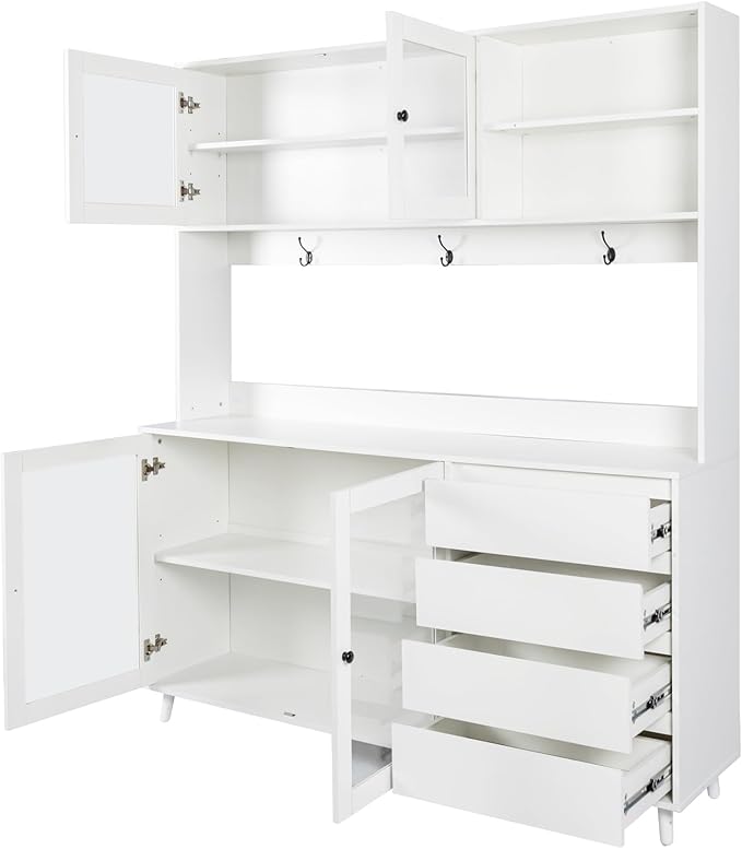 63" W Large Kitchen Hutch Cabinet, Freestanding Pantry Storage Cabinet with Hutch, 4 Doors 4 Drawers & Microwave Shelf, Buffet Sideboard Cupboard for Dining Room Kitchenette, White