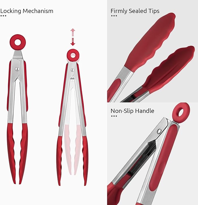 600쨘F Heat Resistant Kitchen Tong: U-Taste 7 inch Silicone Cooking Tong with Firm Sealed Non Stick Rubber Tips & Silicon Coated 18/8 Stainless Steel Handle & Smooth Locking for Serving Salad (Red)