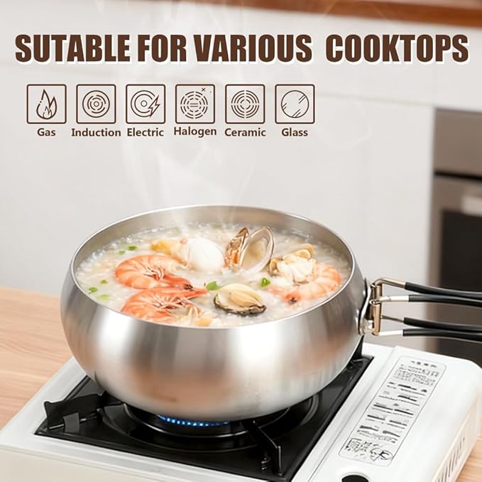 Thickened Multi-Layer Stock Pot, Stainless Steel Camping Cook Pot with Lid and Folding Handle, Scratch-Resistant Non Stick Frying Pans, Even Heating for Cooking,7.87IN