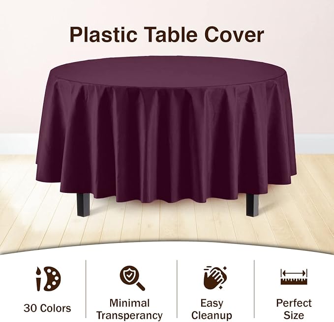 Party Solids 6-Pack Premium Plastic Tablecloth 84in. Round Plastic Table Cover - Plum