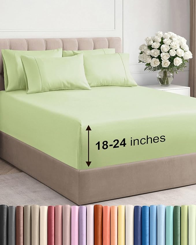 Extra Deep Cal King Sheet Set - 6 Piece Breathable and Cooling Sheets - Hotel Luxury Bed Sheets Set - Easy Fit - Soft, Wrinkle Free and Comfy Sheets Set - Light Sage Sheet Set with Extra Deep Pockets
