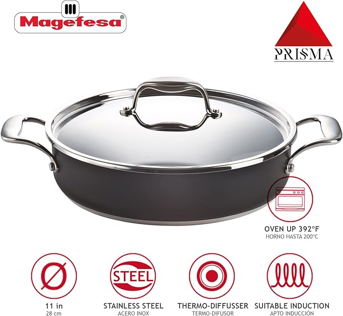 MAGEFESA Prisma 11-inch Braiser with Lid, made in 18/10 Stainless Steel, for All Types of Stovetops, including INDUCTION, Easy Cleaning, Dishwasher and Oven Safe up to 392쨘C