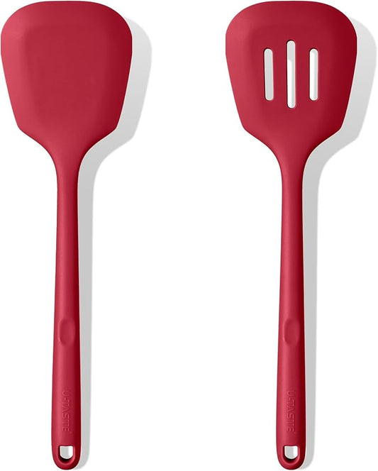 600쨘F Heat Resistant Silicone Turner: U-Taste 13.6in Long Solid & Slotted Thick Kitchen Spatula Flipper, Large Flexible Cooking Utensil for Flipping Egg, Pancake in Nonstick Cookware (Rose Red, 2PCS)