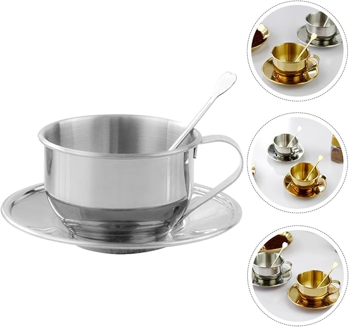 Stainless Steel Coffee Cup and Saucer Set Small Retro Metal Espresso Tea Cup with Spoon Silver Household Tea Set and Coffee Party