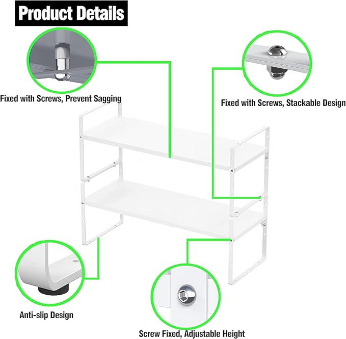 ?랤xpandable Kitchen Cabinet Storage Shelf, Stackable Metal Pantry Storage Shelves Organizer, Adjustable Height Counter Spice Rack for Kitchen Cabinet (White - 16.5"-27" L x 10.2" W x 9.6" H - 3Pack)