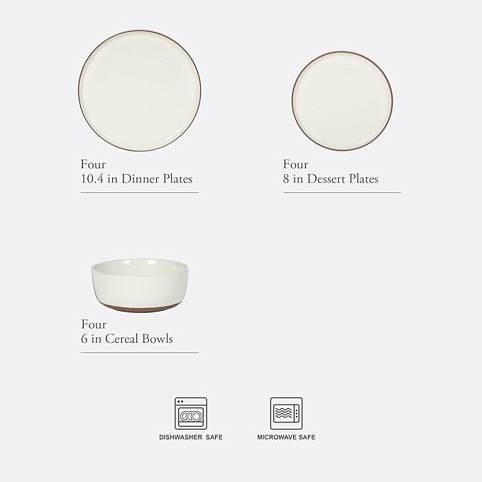 Gibson Elite Northrock Stoneware Dinnerware Set, 12-Piece Service for 4 Plates and Bowls Set ??White Dishes with Hand-Painted Terracotta Base
