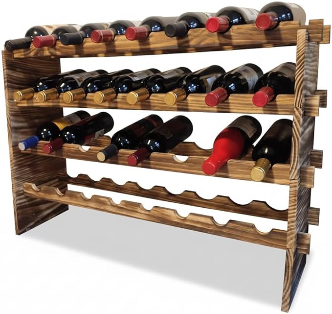 32-Bottle 4-Tier Stackable Wine Rack ??Freestanding Carbonized Pine Organizer for Home Bar, Kitchen, Countertop, Modular DIY Design