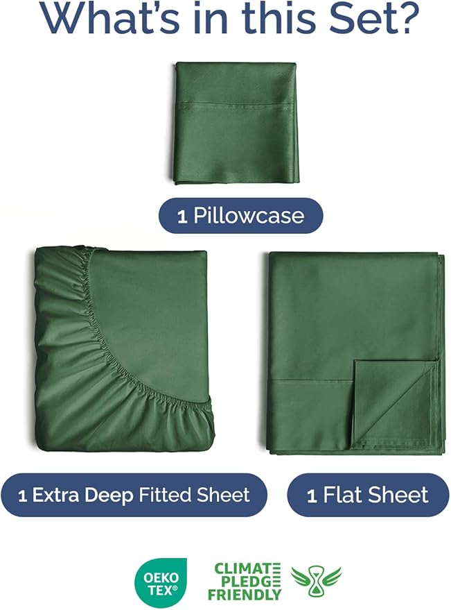 Extra Deep Pocket Twin Sheets - 3 Piece Breathable & Cooling Bed Sheets - Hotel Luxury Bed Sheet Set - Soft, Wrinkle Free & Comfy - Easily Fits Extra Deep Mattresses - Deep Pocket Emerald Green Sheets