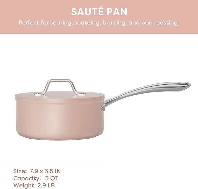 CIARRA Non Stick Frying Pan (10.2") & Ceramic Sauce Pan (3qt) - Non Toxic, PTFE & PFOA Free - Oven Safe & Compatible with All Stovetops, Pink