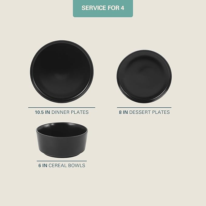 Gibson Home Dempsey Road 12-Piece Stoneware Dinnerware Set ??Service for 4, Round Black Plates and Bowls, Durable Solid Color Modern Embossed Dish Set, Microwave & Dishwasher Safe