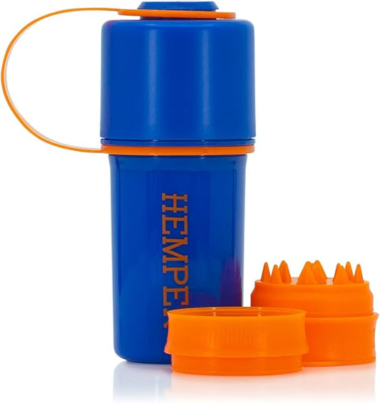 Hemper Keeper 3?멼n?? Herb Grinder with Dual Storage Container - Smell?멠roof, Airtight & Water?멢esistant - Built?멗n Removable Grinder, Dual Compartments for Flower & Ground - (Blue & Orange)