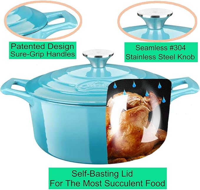 La Cuisine Enameled Cast Iron Dutch Oven Casserole Dish Pot with Lid, 2.1 QT 7.8" /20cm Dia. Internal Matte Black Enamel Coating, 2-tone Teal Enamel Exterior, Oven Safe up to 500째 F for bread baking