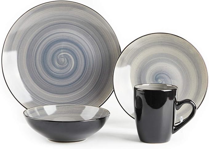 Sonoma 16 Piece Stoneware Dinner Set, Samoa, Outside Black + Inside Hand painted Combi Colors of Grey, Orange, Purple and Turquoise) with speckle