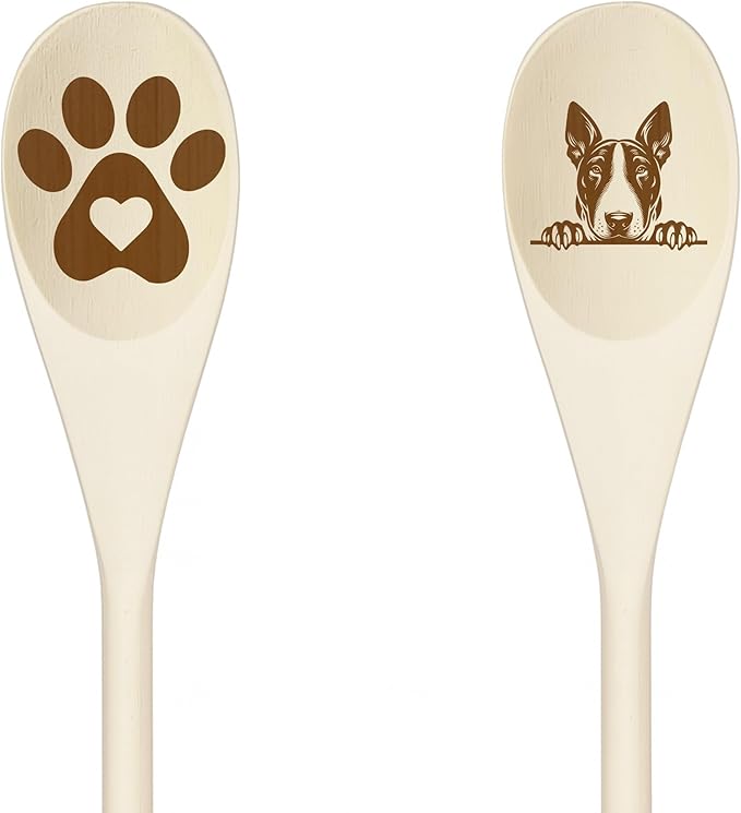 BULL TERRIER Wooden Spoons for Cooking, Serving or Decorative Kitchen Utensils Set Dog Lover Dog Mom/Dad Gift with Peeking Dog Designs, Paw Print and Dog Head, Kitchen Utensils Set of 2