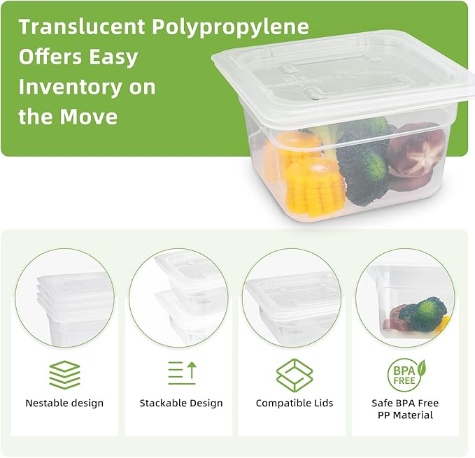 6-Pack Food Pan with Lids, 1/6 Size Food Storage Containers for homes, schools, restaurants, hotels Meal Prep, -40??160?? Stackable, Freezer-Safe (1/6 size 4 inch deep, 1.53L/1.62QT)