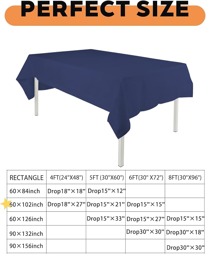 TWINPRET Rectangle Tablecloth 60 x 84 Inch, Navy Blue Waterproof Washable Polyester Table Cloth - Stain & Oil Resistant Rectangular Table Cover for Banquet & Party (Fits 4 Foot Tables) [2 Pack]