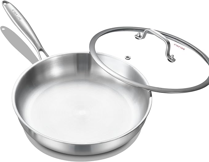 DELARLO Tri-Ply Stainless Steel Frying Pan with Lid, Compatible with All Cooktops Up to 600?? Heavy Duty, 8 inch Fry Pan with Lid, Fast & Even Heat, 8 inch Skillet, 18/10 Stainless Steel Pan