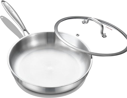 DELARLO Tri-Ply Stainless Steel Frying Pan with Lid, Compatible with All Cooktops Up to 600?? Heavy Duty, 8 inch Fry Pan with Lid, Fast & Even Heat, 8 inch Skillet, 18/10 Stainless Steel Pan