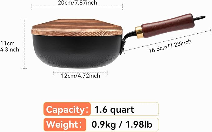 WANGYUANJI 8 Inch Hammered Iron Stir Fry Pan for 1?? Servings, Removable Beechwood Handle, Traditional Small Wok for Searing, Saut챕ing, Stir-Frying ??Non-Coated, Stovetop Compatible