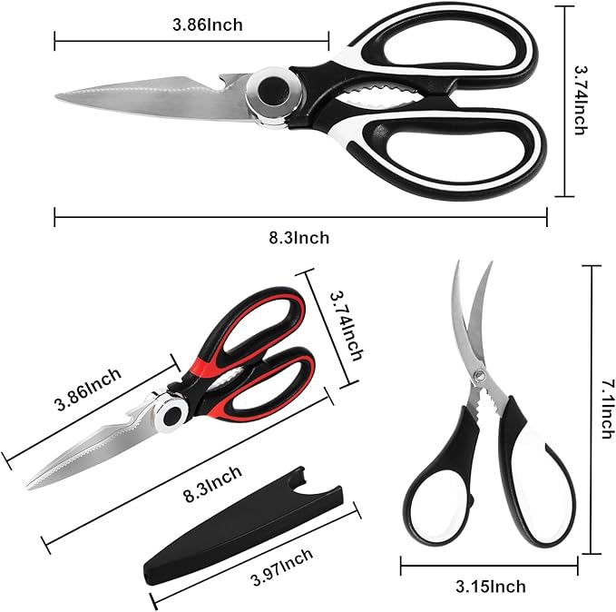 Food Grade Kitchen Scissors 3 Pack- Lifetime Replacement Warranty -Heavy Duty Stainless Steel Cooking Shears for Cutting Meat, Food, Fish, Poultry Multipurpose Sharp Sissors for Dishwasher Safe
