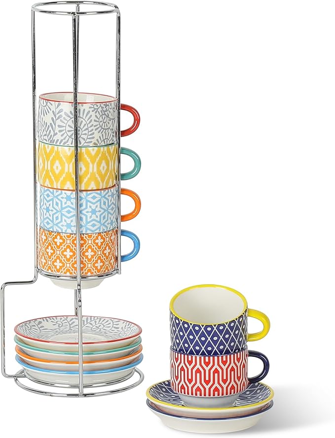 Selamica Ceramic Espresso Cups with Saucers, 2.5 OZ Stackable Demitasse Cups with Metal Stand, Mini Espresso Mugs for Latte Coffee Caf챕 Mocha Tea, Set of 6, Assorted Colors