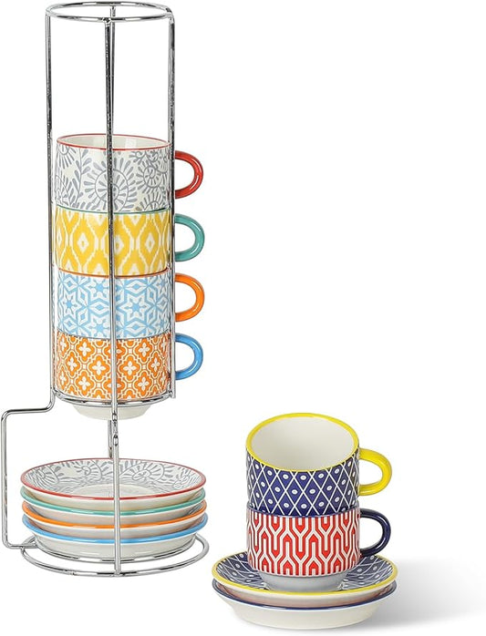 Selamica Ceramic Espresso Cups with Saucers, 2.5 OZ Stackable Demitasse Cups with Metal Stand, Mini Espresso Mugs for Latte Coffee Caf챕 Mocha Tea, Set of 6, Assorted Colors