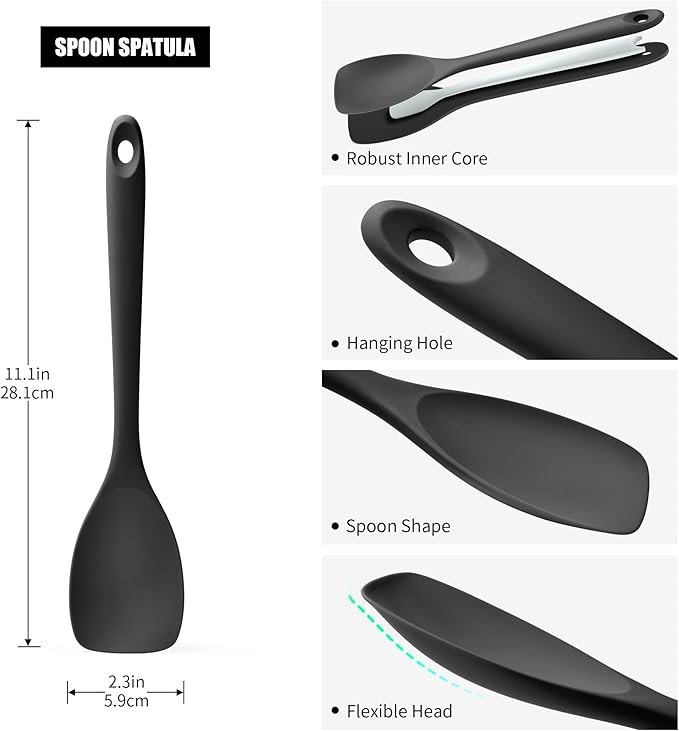 Doosu Silicone Spoon Spatula, 600쨘F Heat-Resistant Food Grade Rubber Spoonula with Seamless Design, Non-Stick Flexible Scraper Kitchen Cooking Spoon Baking Tool for Mixing, Scraping (Black)