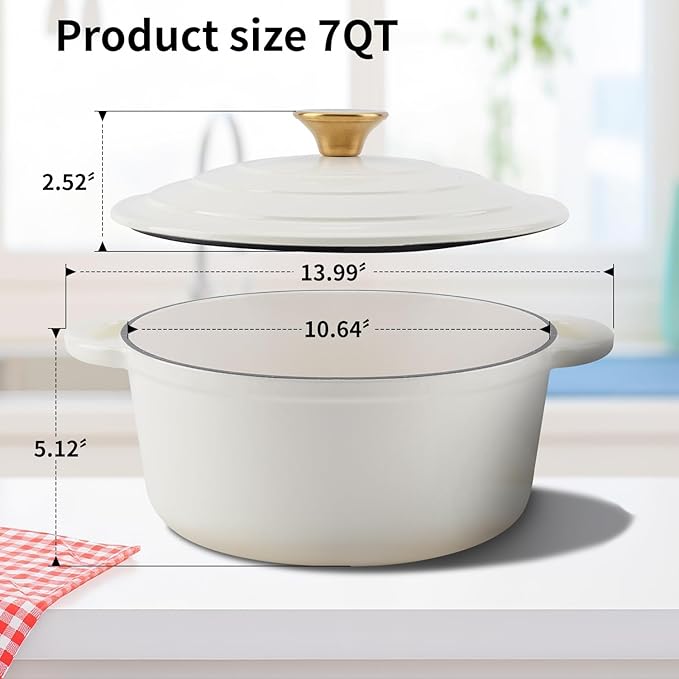 Enameled Cast Iron Dutch Oven Pot with Lid Heavy-Duty Cookware for Bread Baking,Braising,Stews,Roasting,7QT,Oven Safe up to 500째F,creamy white